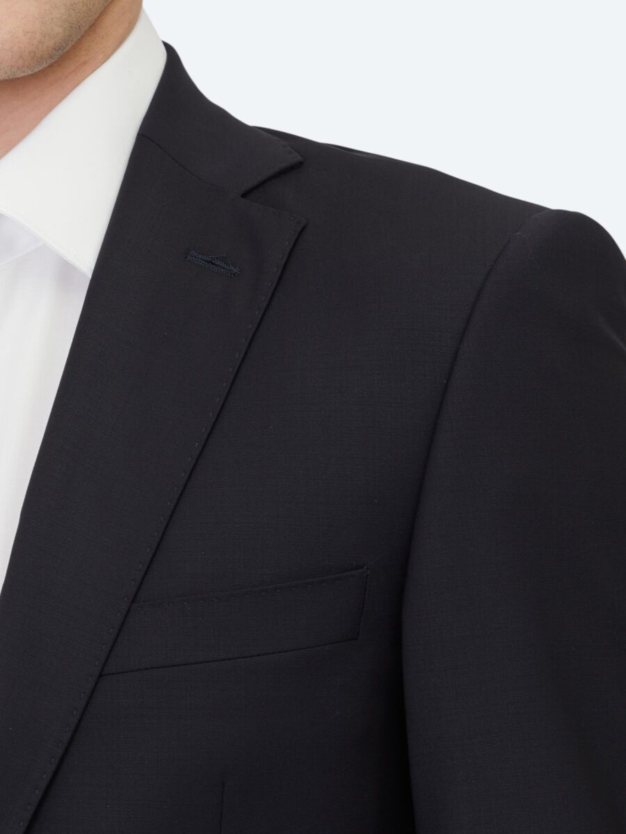 Lacivert Düz Slim Fit Yün Karışımlı Takım Elbise - 4