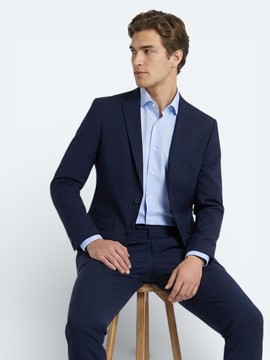 Lacivert Düz Slim Fit Yün Karışımlı Takım Elbise - 1