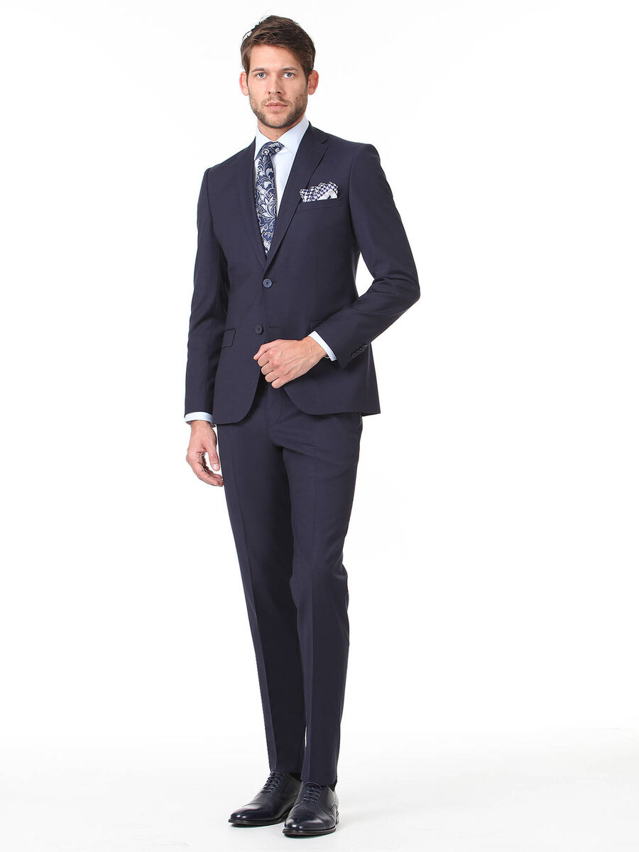 Lacivert Düz Slim Fit Yün Karışımlı Takım Elbise - 3