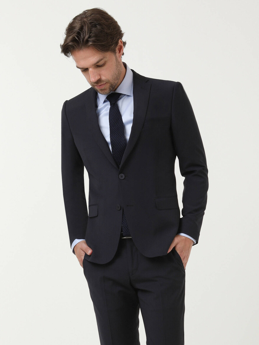 Lacivert Düz Slim Fit Yün Karışımlı Takım Elbise - 5