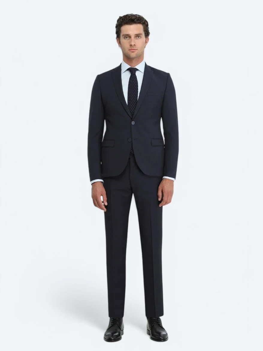 Lacivert Düz Slim Fit Yün Karışımlı Takım Elbise - 1