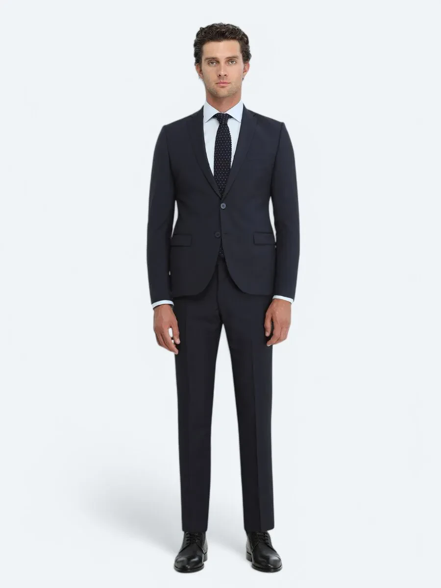 Lacivert Düz Slim Fit Yün Karışımlı Takım Elbise - 1