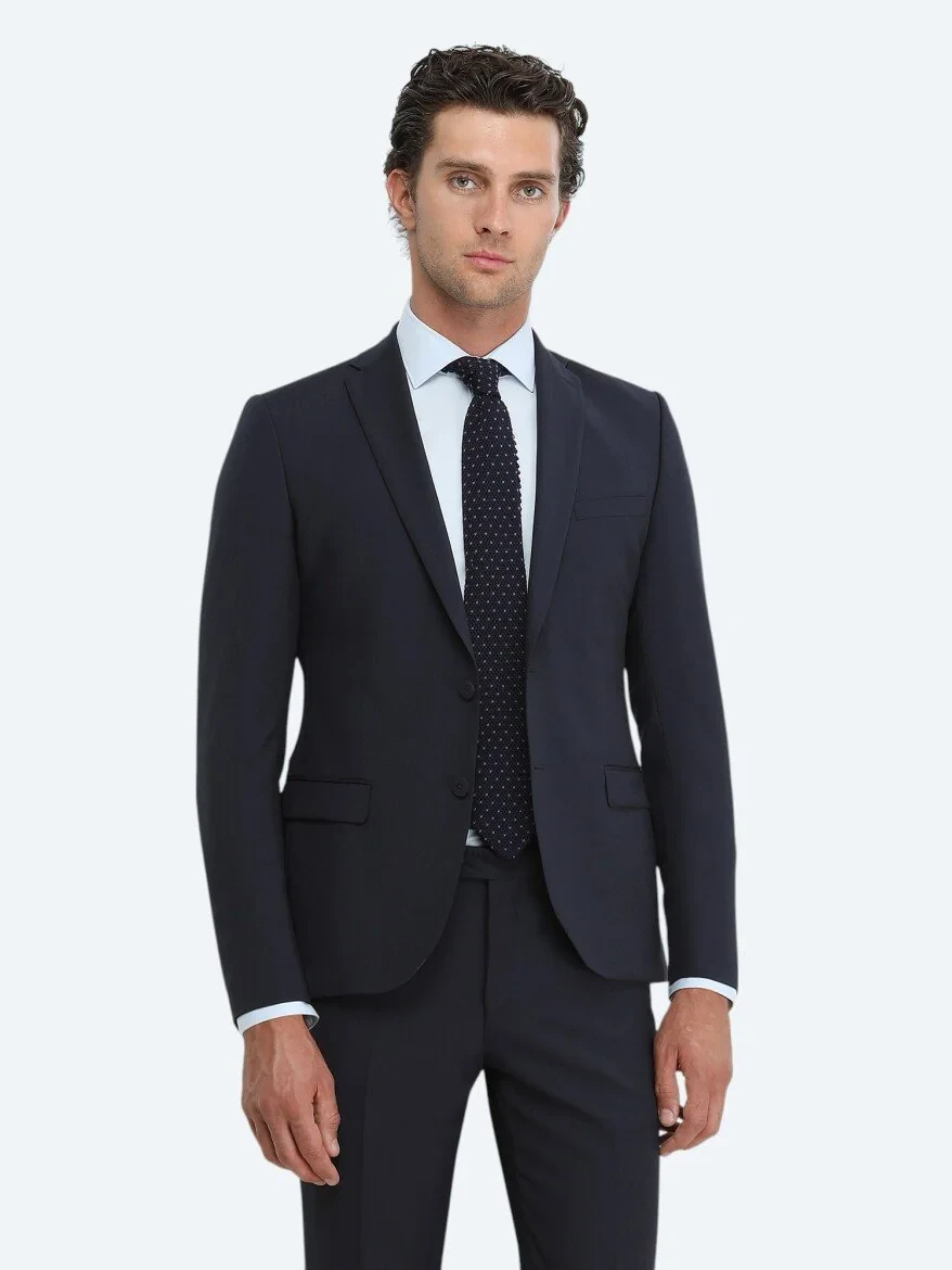 Lacivert Düz Slim Fit Yün Karışımlı Takım Elbise - 4