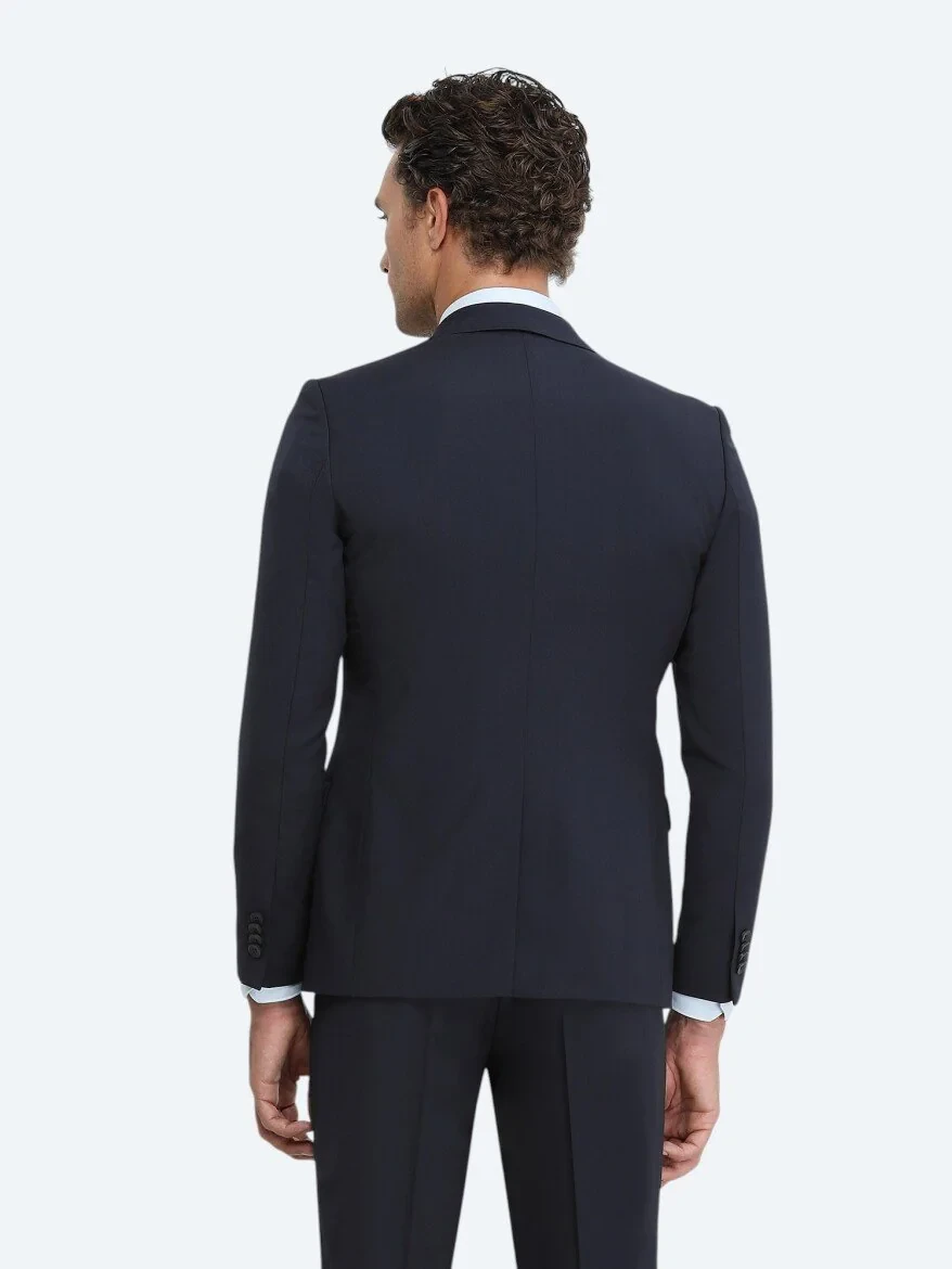 Lacivert Düz Slim Fit Yün Karışımlı Takım Elbise - 5