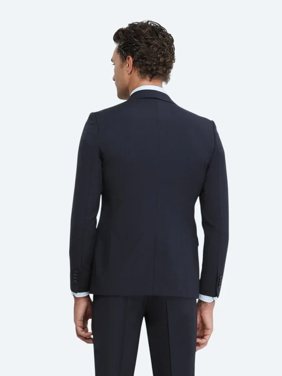 Lacivert Düz Slim Fit Yün Karışımlı Takım Elbise - 5