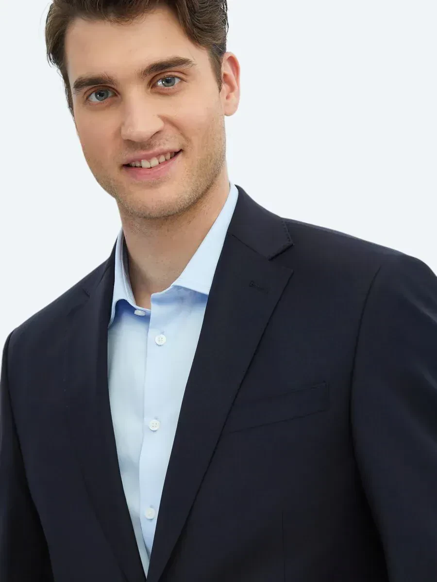 Lacivert Düz Slim Fit Yün Karışımlı Takım Elbise - 3