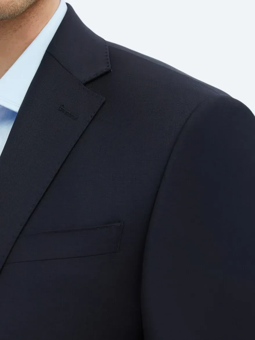 Lacivert Düz Slim Fit Yün Karışımlı Takım Elbise - 4