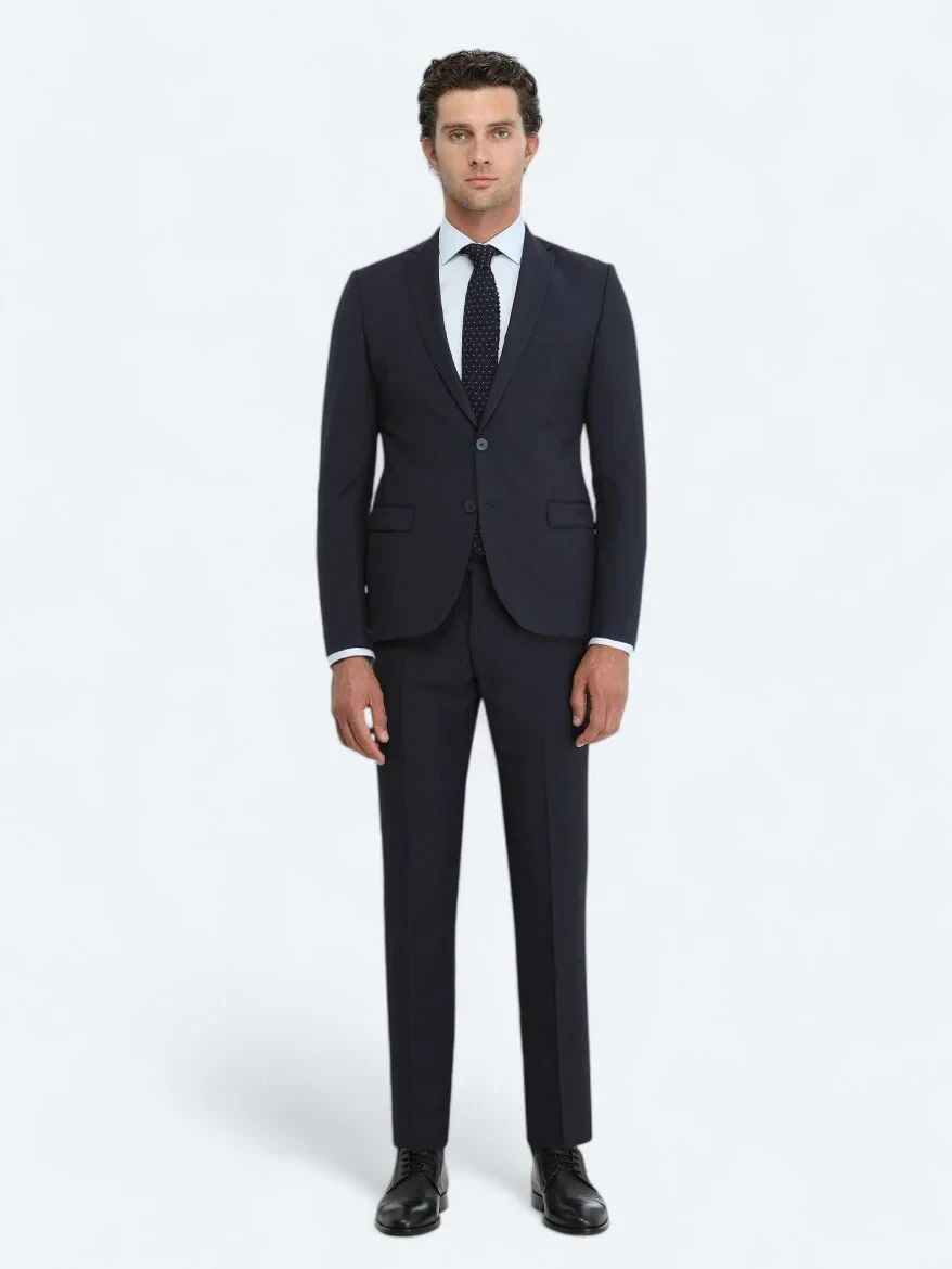 Lacivert Düz Slim Fit Yün Karışımlı Takım Elbise - 2