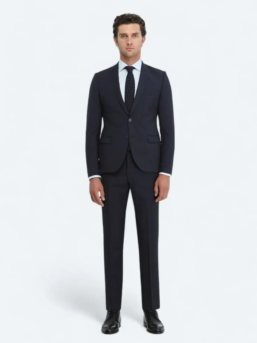Lacivert Düz Slim Fit Yün Karışımlı Takım Elbise - 2