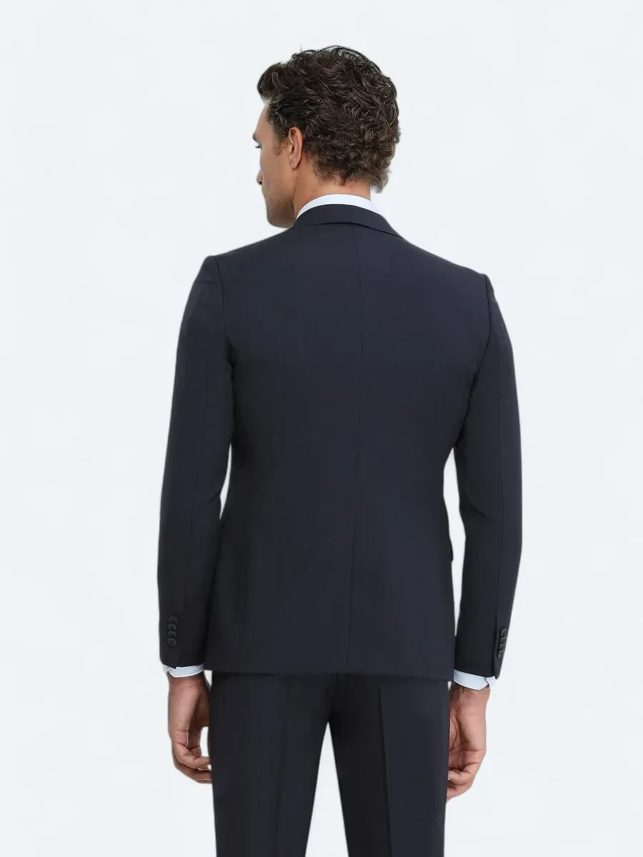 Lacivert Düz Slim Fit Yün Karışımlı Takım Elbise - 5