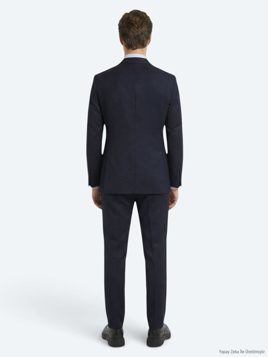 Lacivert Düz Zeroweight Slim Fit Yün Karışımlı Takım Elbise - 4