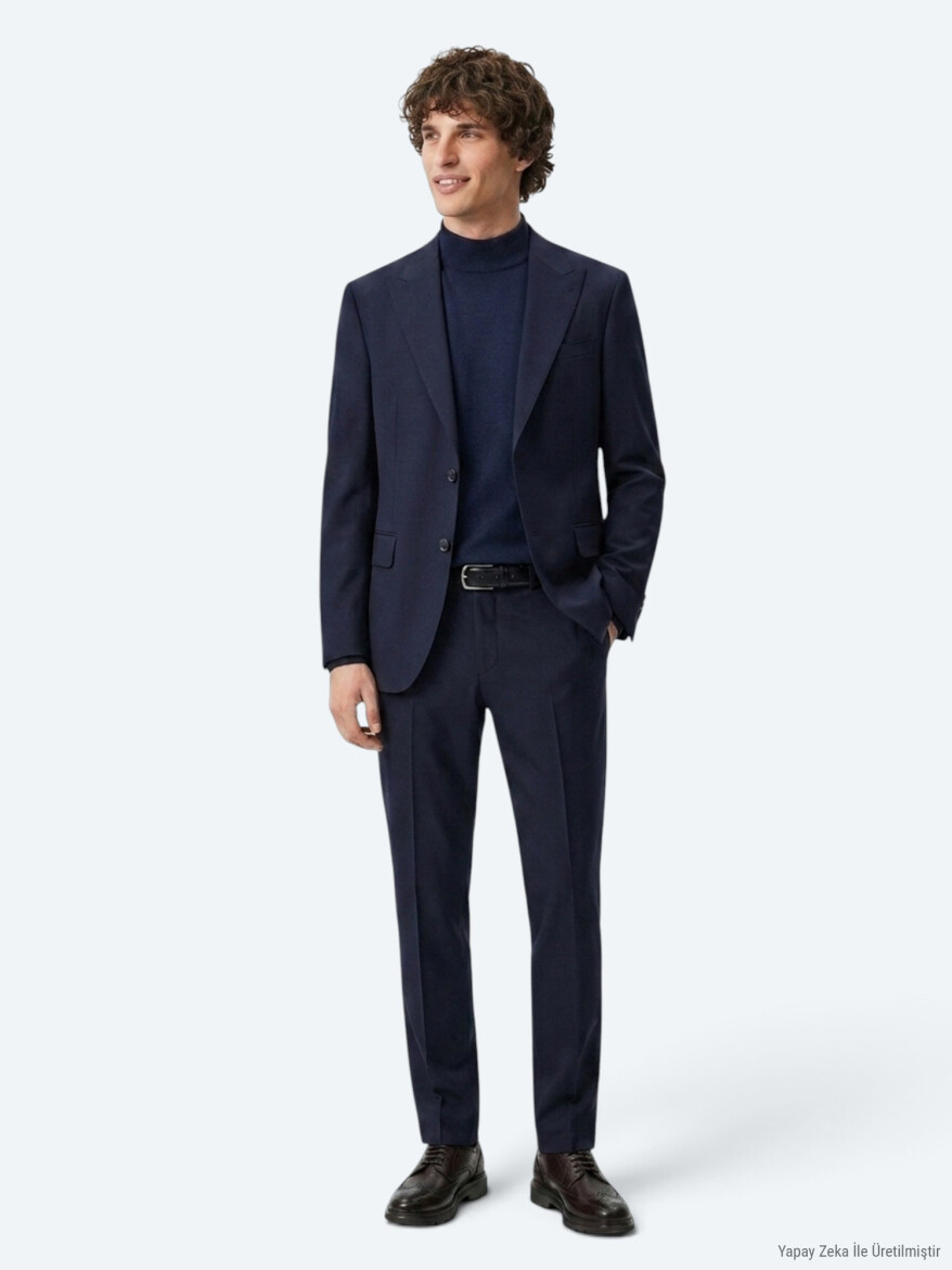 Lacivert Düz Zeroweight Slim Fit Yün Karışımlı Takım Elbise - KİP