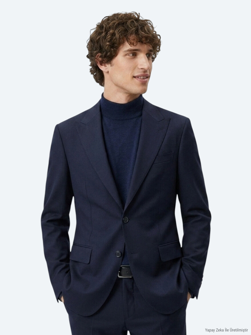 Lacivert Düz Zeroweight Slim Fit Yün Karışımlı Takım Elbise - KİP