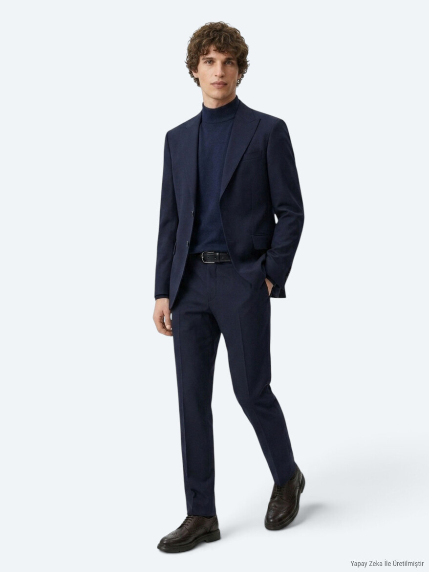 Lacivert Düz Zeroweight Slim Fit Yün Karışımlı Takım Elbise - 3