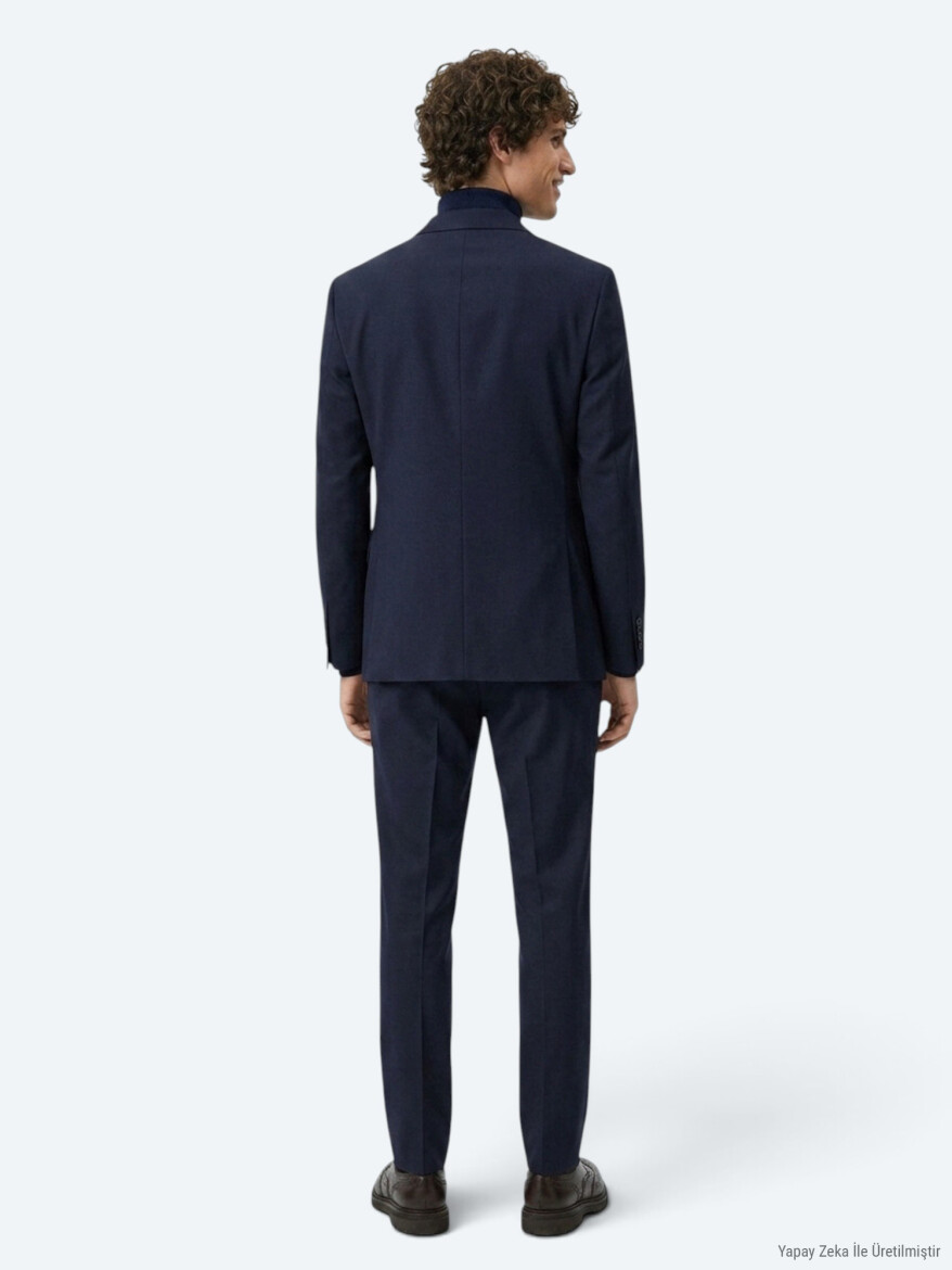 Lacivert Düz Zeroweight Slim Fit Yün Karışımlı Takım Elbise - 5