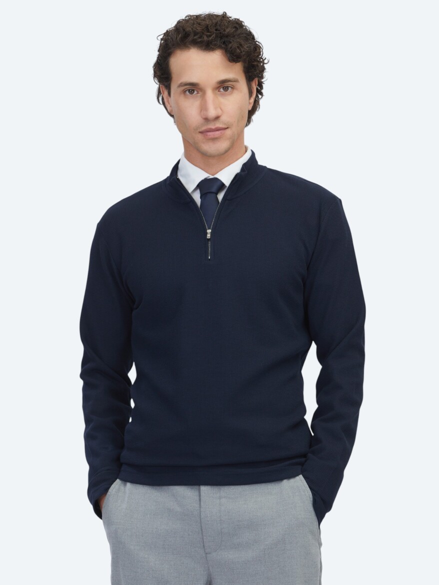 Lacivert Fitilli Bisiklet Yaka T-Shirt 