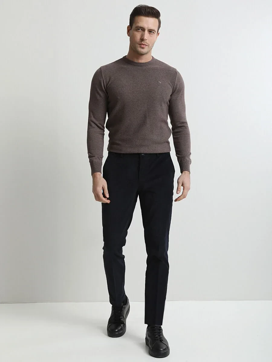 Lacivert Fitilli Dokuma Slim Fit Kadife Casual Pamuk Karışımlı Pantolon - 3