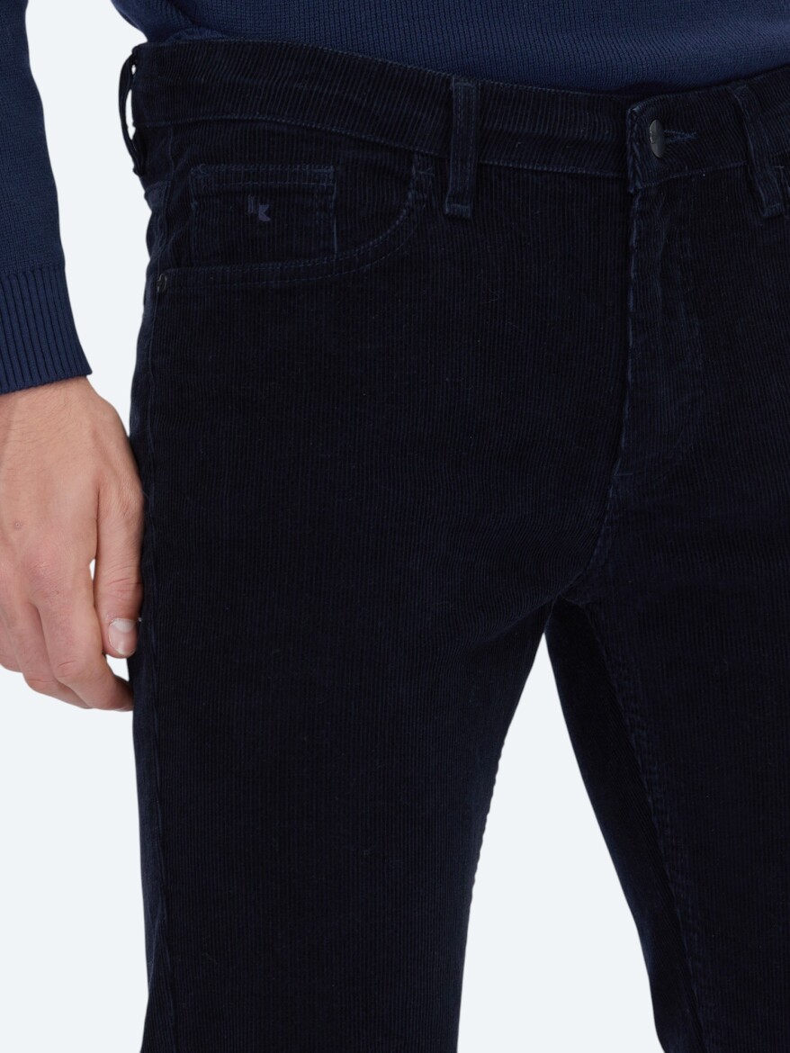Lacivert Fitilli Dokuma Slim Fit Kadife Casual Pamuk Karışımlı Pantolon - 3