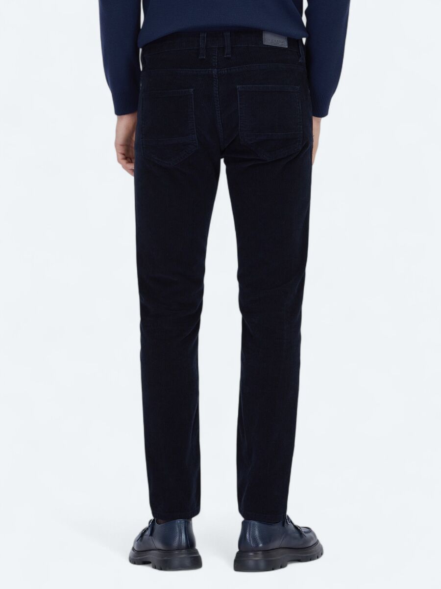 Lacivert Fitilli Dokuma Slim Fit Kadife Casual Pamuk Karışımlı Pantolon - 4