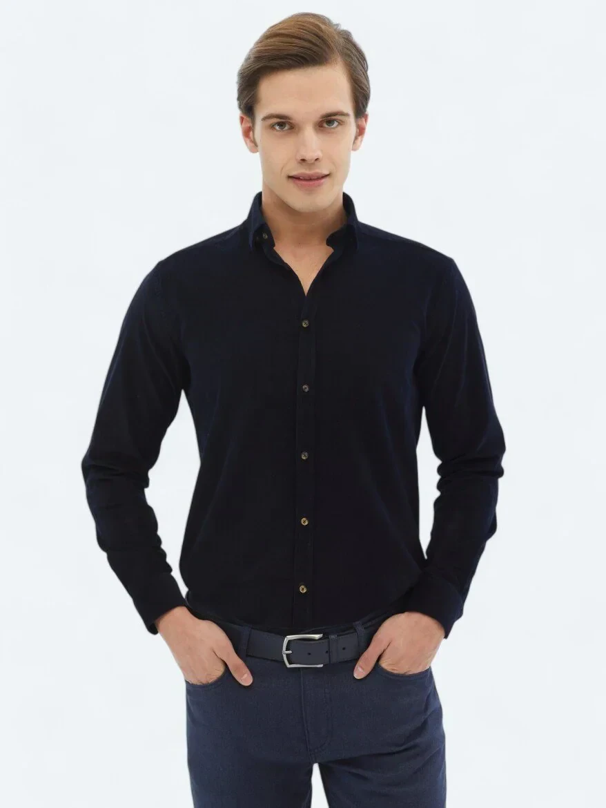 Lacivert Fitilli Regular Fit Dokuma Kadife Casual %100 Pamuk Gömlek - 1