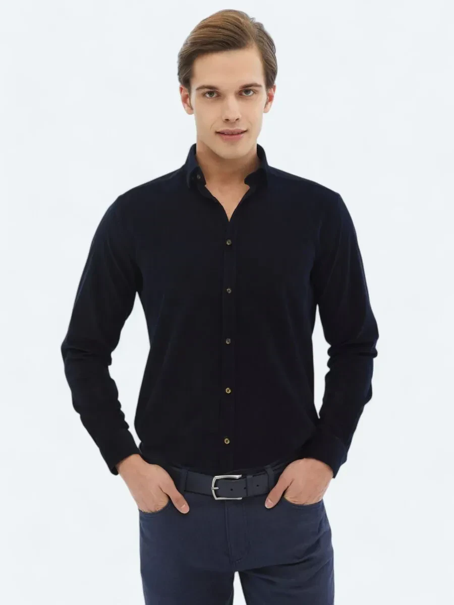 Lacivert Fitilli Regular Fit Dokuma Kadife Casual %100 Pamuk Gömlek - 1