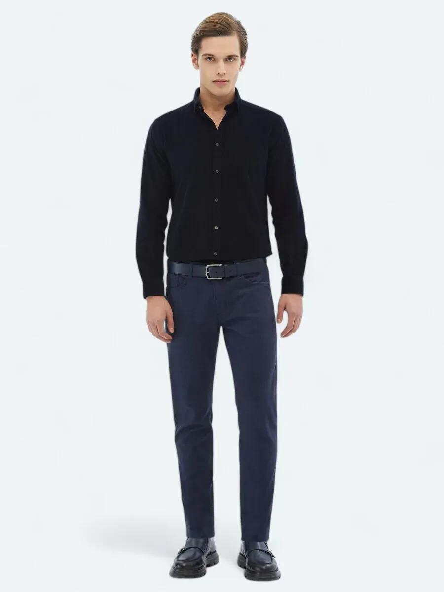 Lacivert Fitilli Regular Fit Dokuma Kadife Casual %100 Pamuk Gömlek - 2