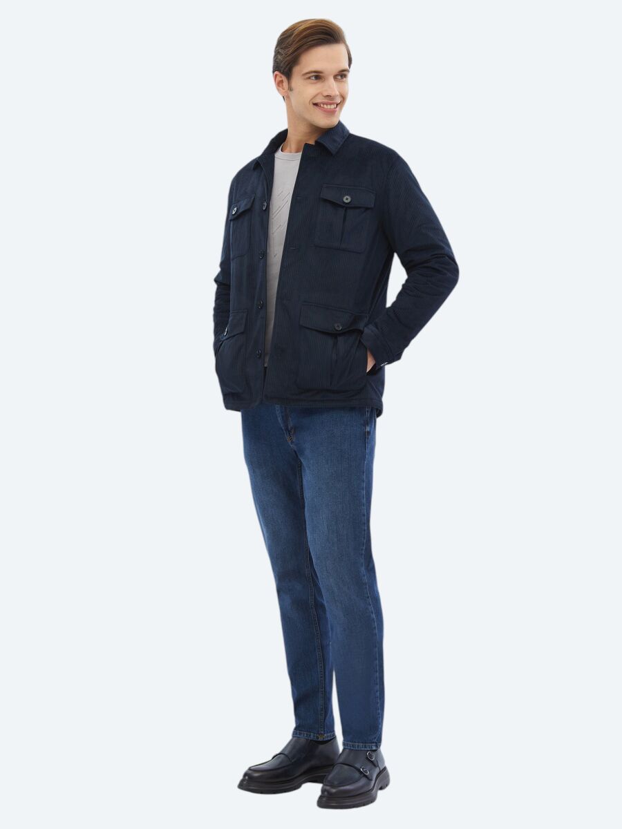 Lacivert Fitilli Regular Fit Dokuma Kadife Overshırt - 2