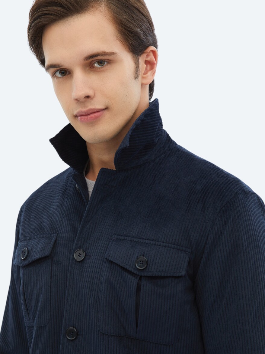 Lacivert Fitilli Regular Fit Dokuma Kadife Overshırt - 3