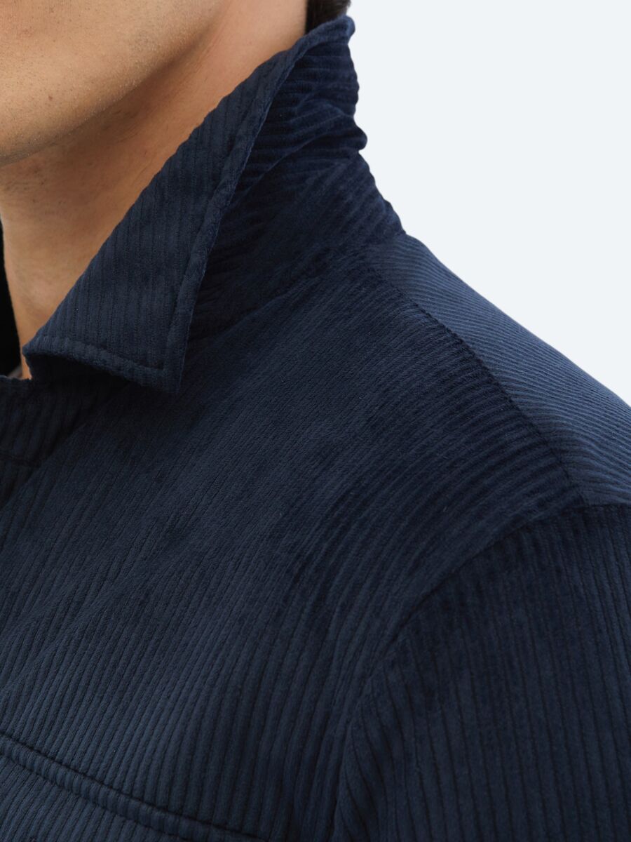 Lacivert Fitilli Regular Fit Dokuma Kadife Overshırt - 5