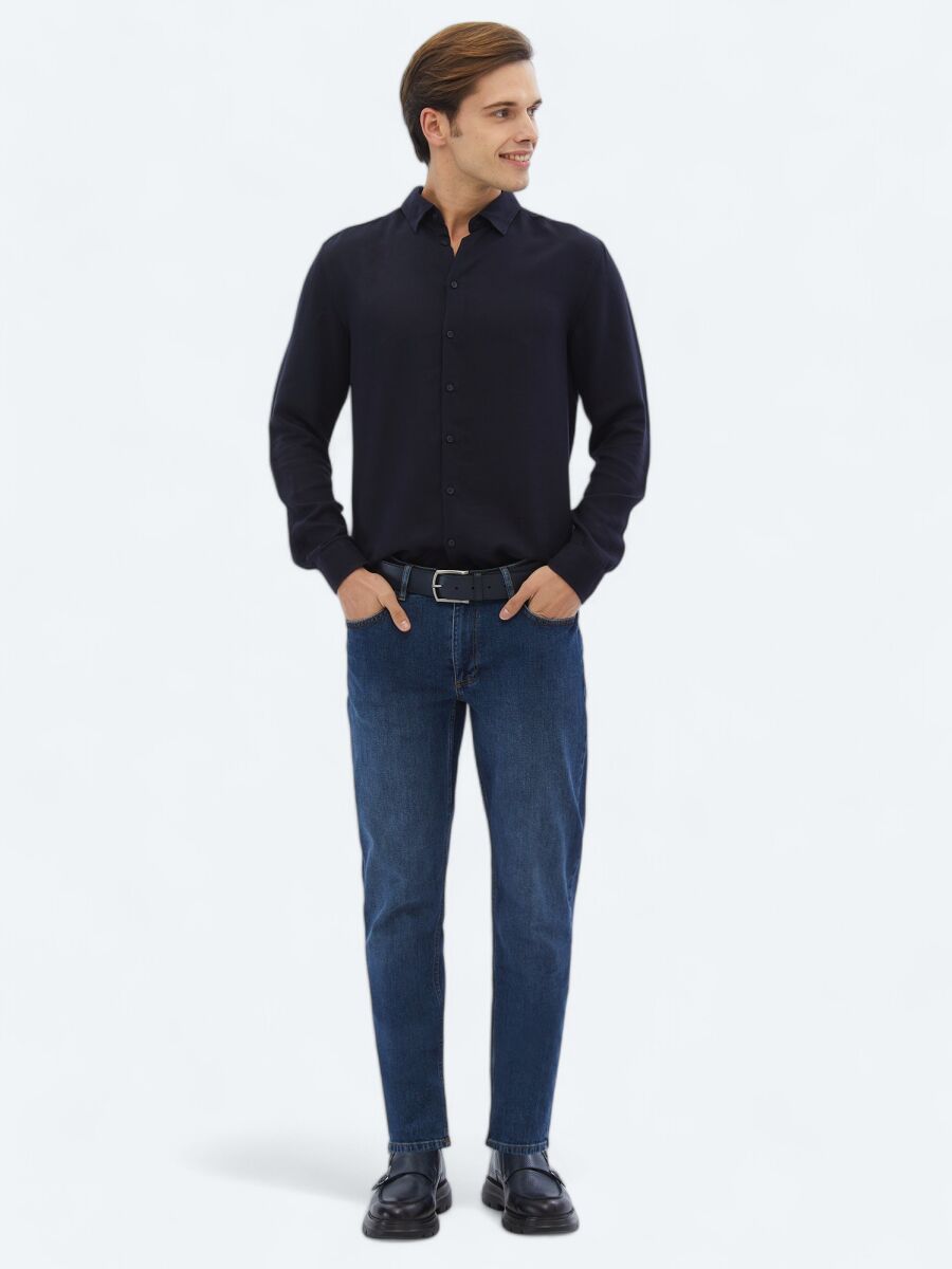 Lacivert Fitilli Regular Fit Uzun Dokuma Casual Gömlek - 2