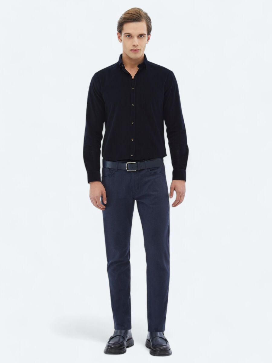 Lacivert Fitilli Regular Fit Uzun Dokuma Kadife Casual %100 Pamuk Gömlek - 2