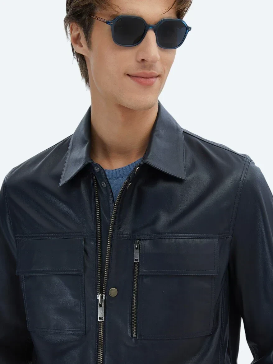 Lacivert Gömlek Yaka Smart Casual Koyun Derisi Deri Mont - 4