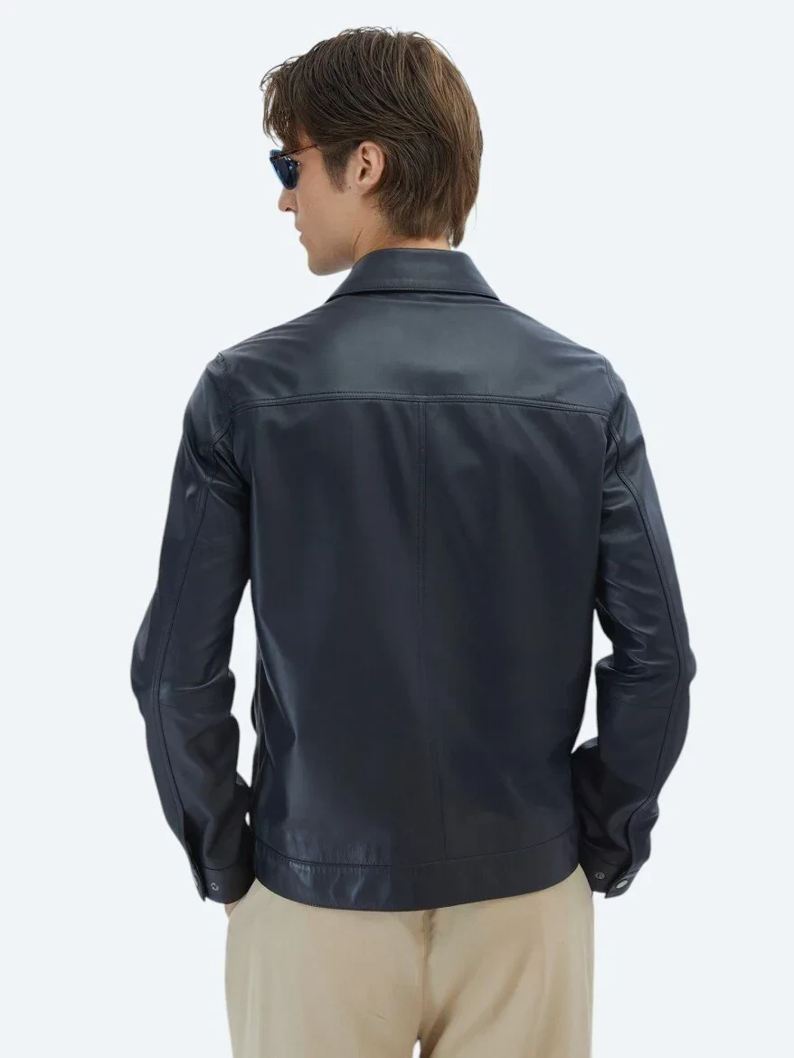 Lacivert Gömlek Yaka Smart Casual Koyun Derisi Deri Mont - 5