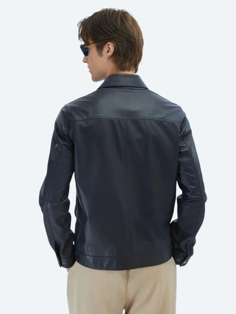 Lacivert Gömlek Yaka Smart Casual Koyun Derisi Deri Mont - 5