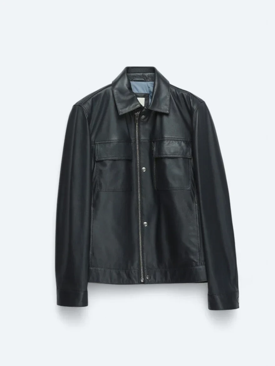 Lacivert Gömlek Yaka Smart Casual Koyun Derisi Deri Mont - 6