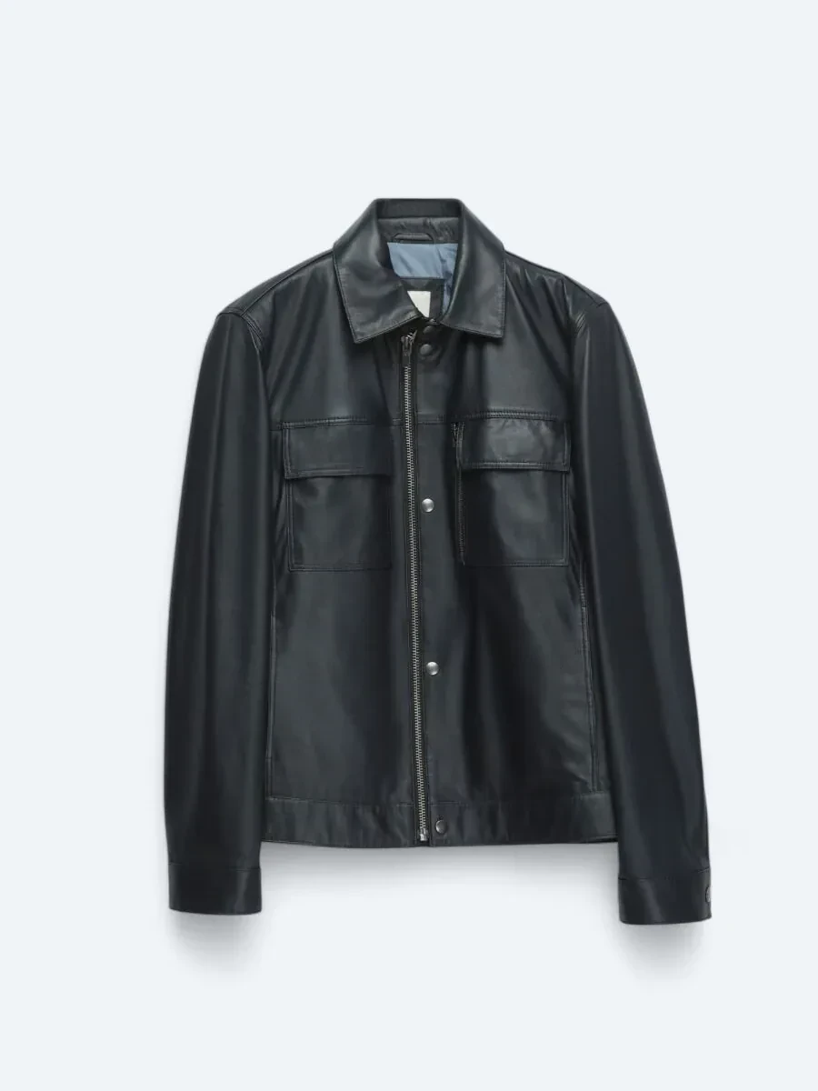 Lacivert Gömlek Yaka Smart Casual Koyun Derisi Deri Mont - 6
