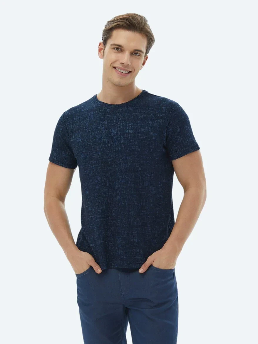 Lacivert Jakarlı Bisiklet Yaka Pamuk Karışımlı T-Shirt - 1