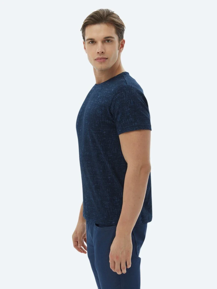 Lacivert Jakarlı Bisiklet Yaka Pamuk Karışımlı T-Shirt 