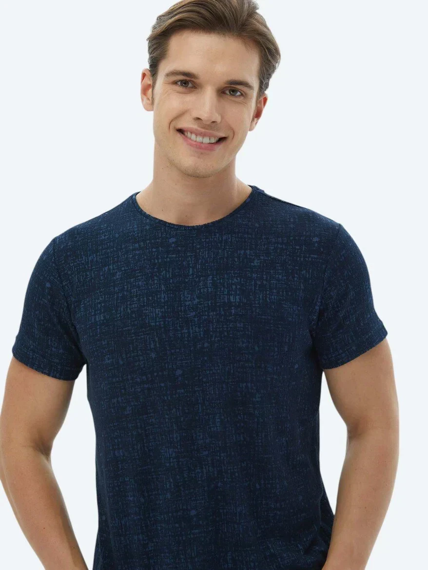 Lacivert Jakarlı Bisiklet Yaka Pamuk Karışımlı T-Shirt - 5