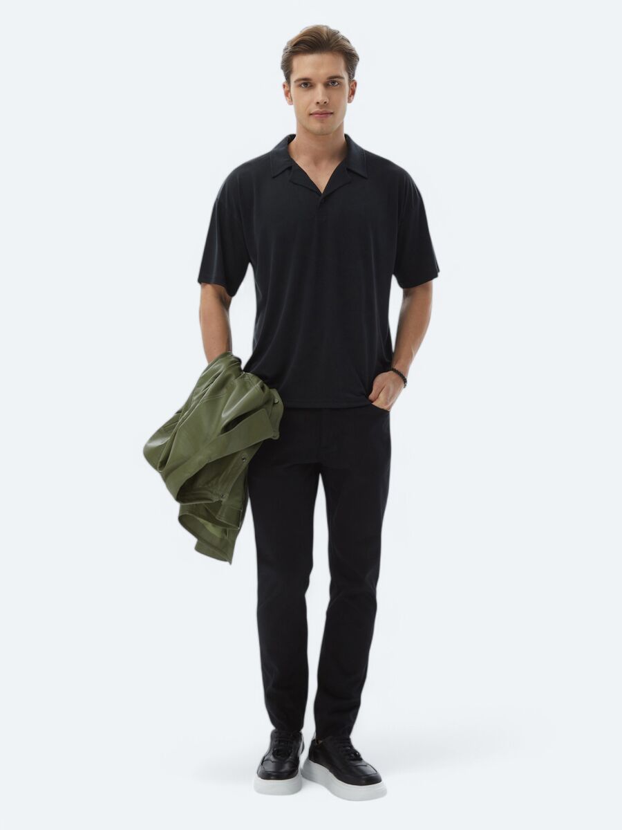 Lacivert Jakarlı Küba Yaka T-Shirt - 2