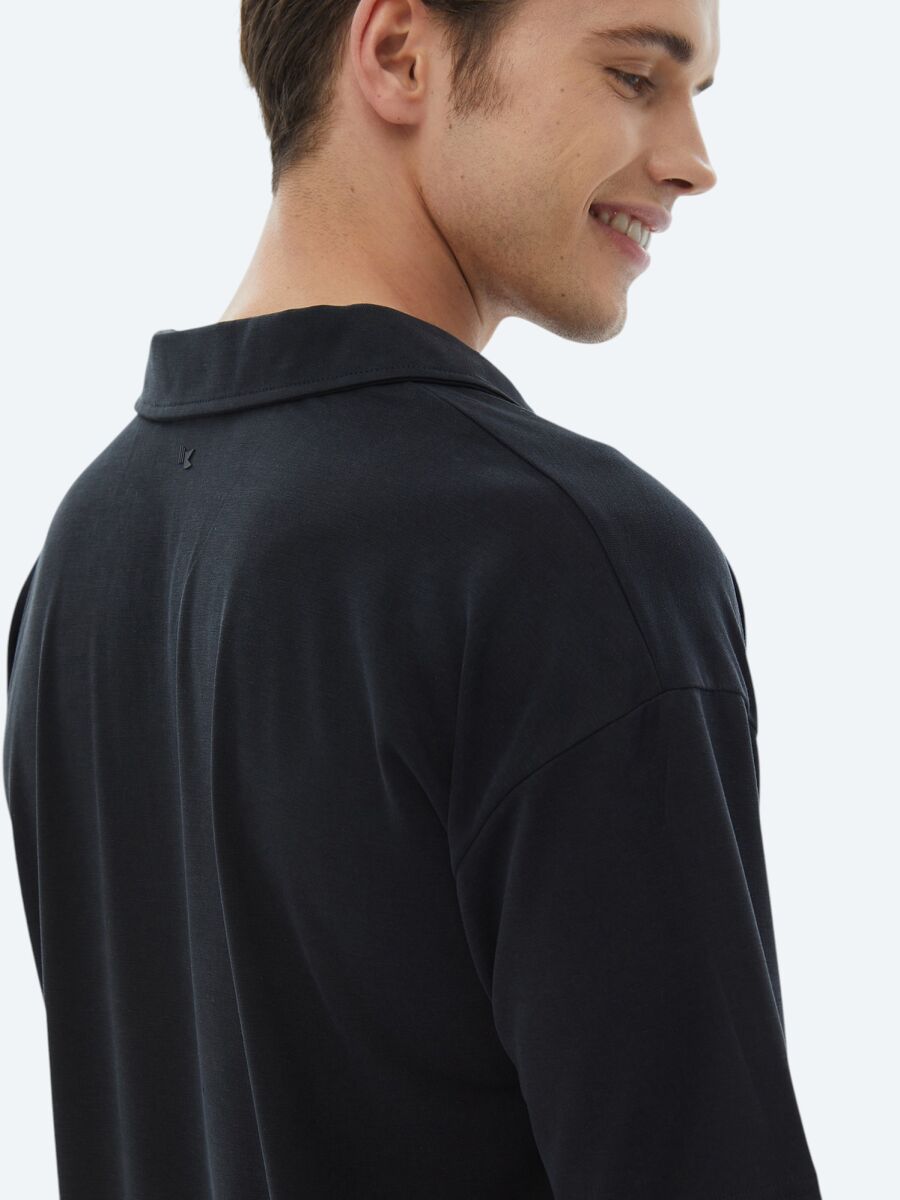 Lacivert Jakarlı Küba Yaka T-Shirt - 6