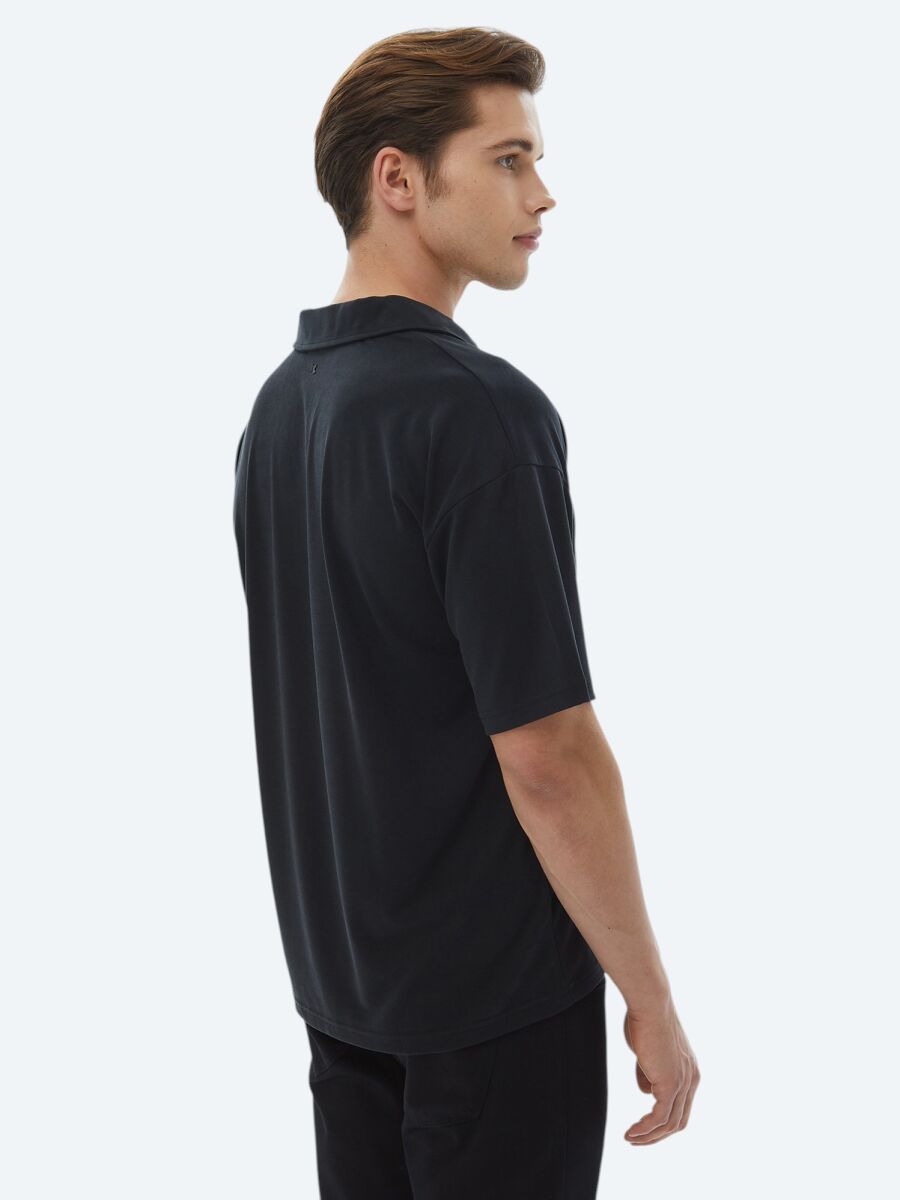 Lacivert Jakarlı Küba Yaka T-Shirt - 7