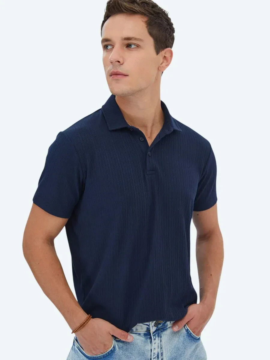 Lacivert Jakarlı Polo Yaka Pamuk Karışımlı T-Shirt - 3
