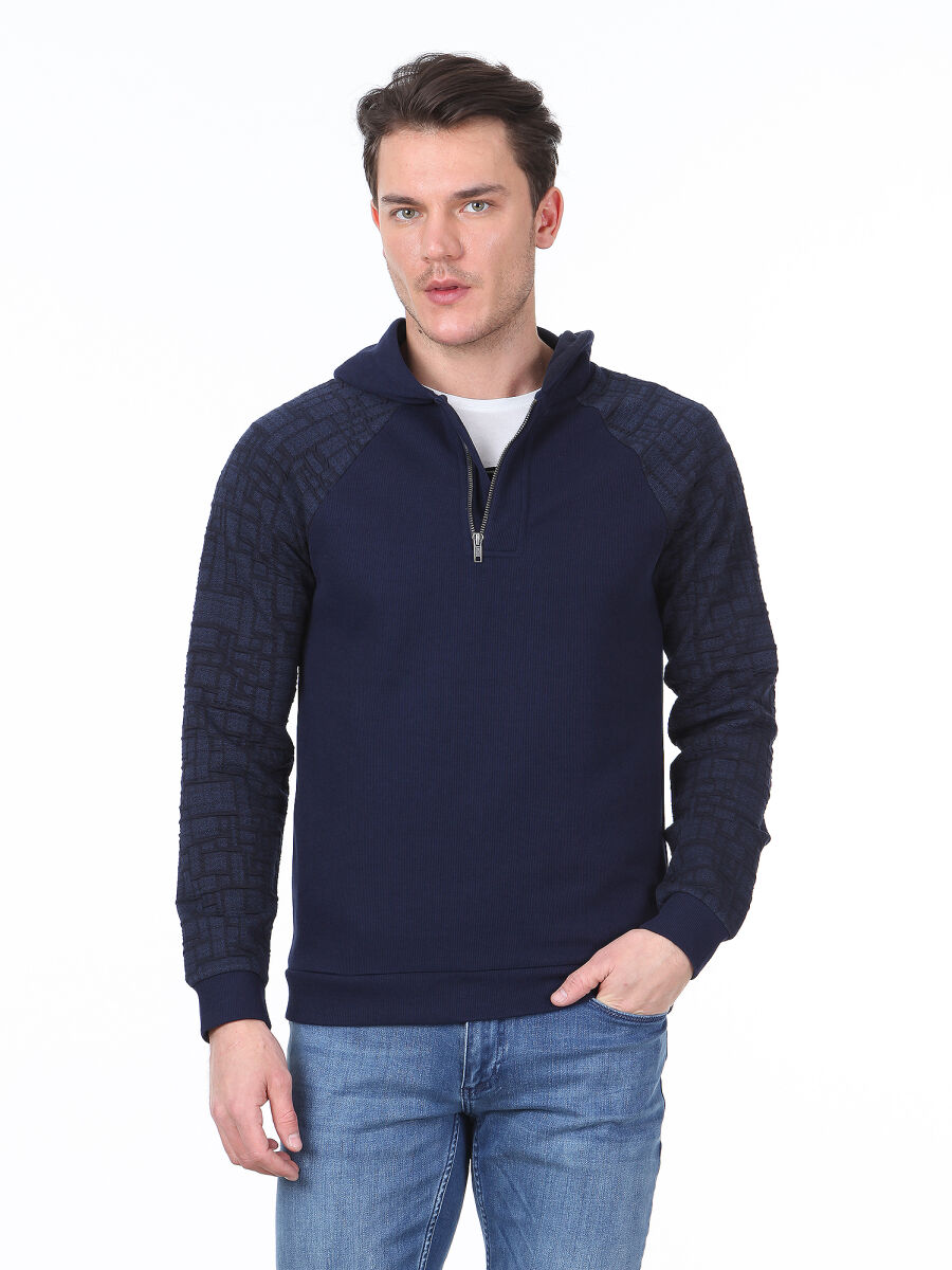 Lacivert Jakarlı Sweatshırt - 1