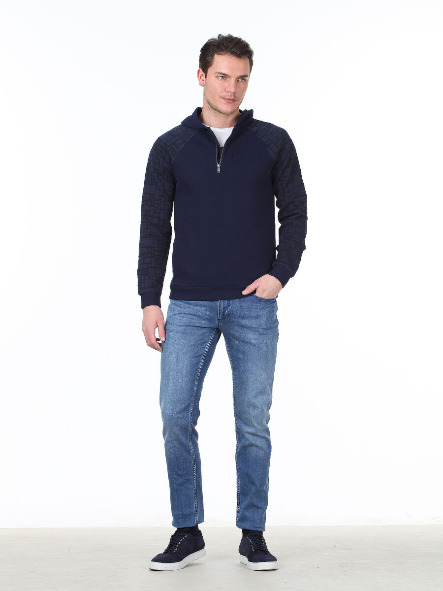 Lacivert Jakarlı Sweatshırt - 3