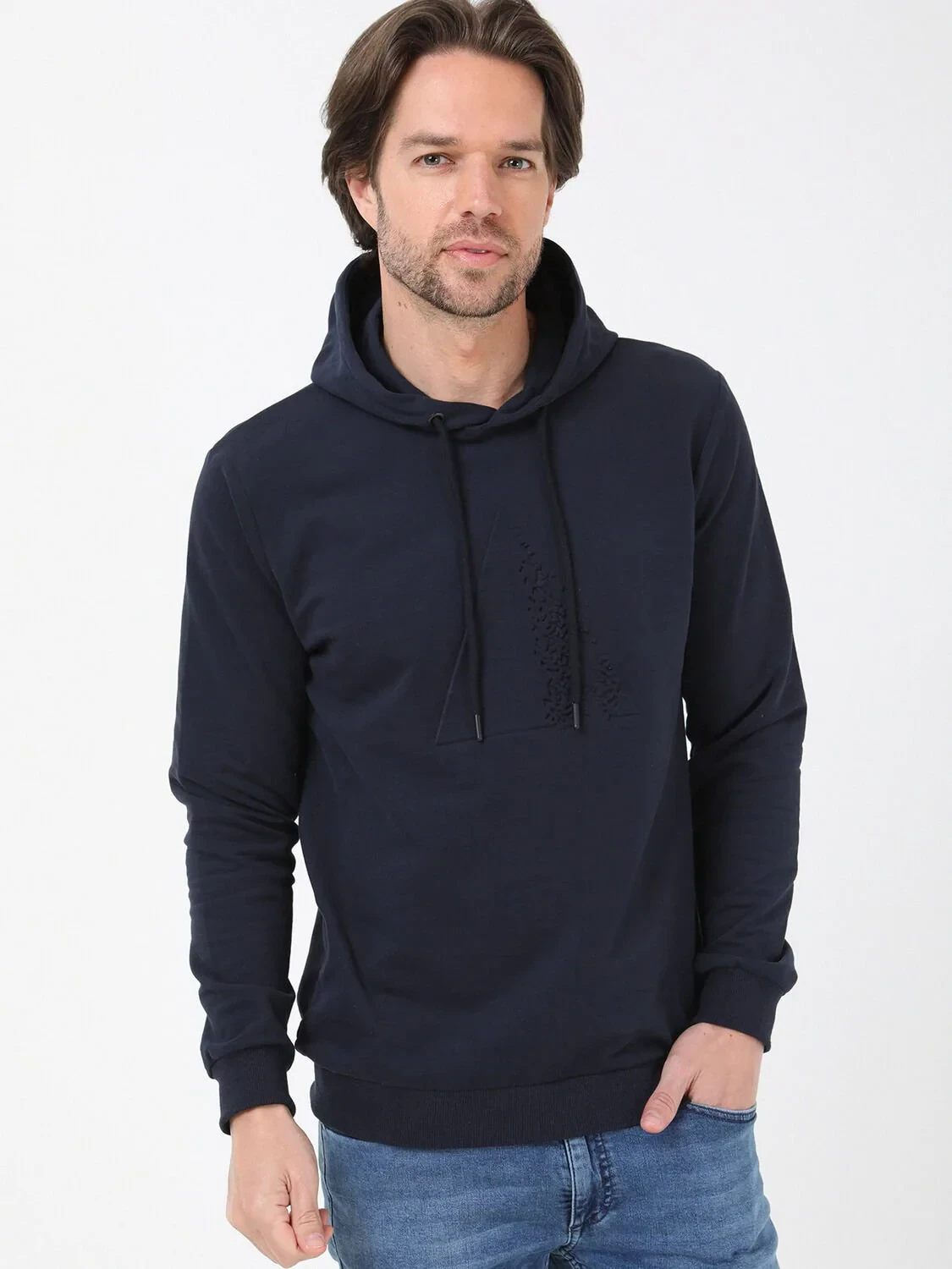 Lacivert Kapüşonlu Baskılı Sweatshırt - 1