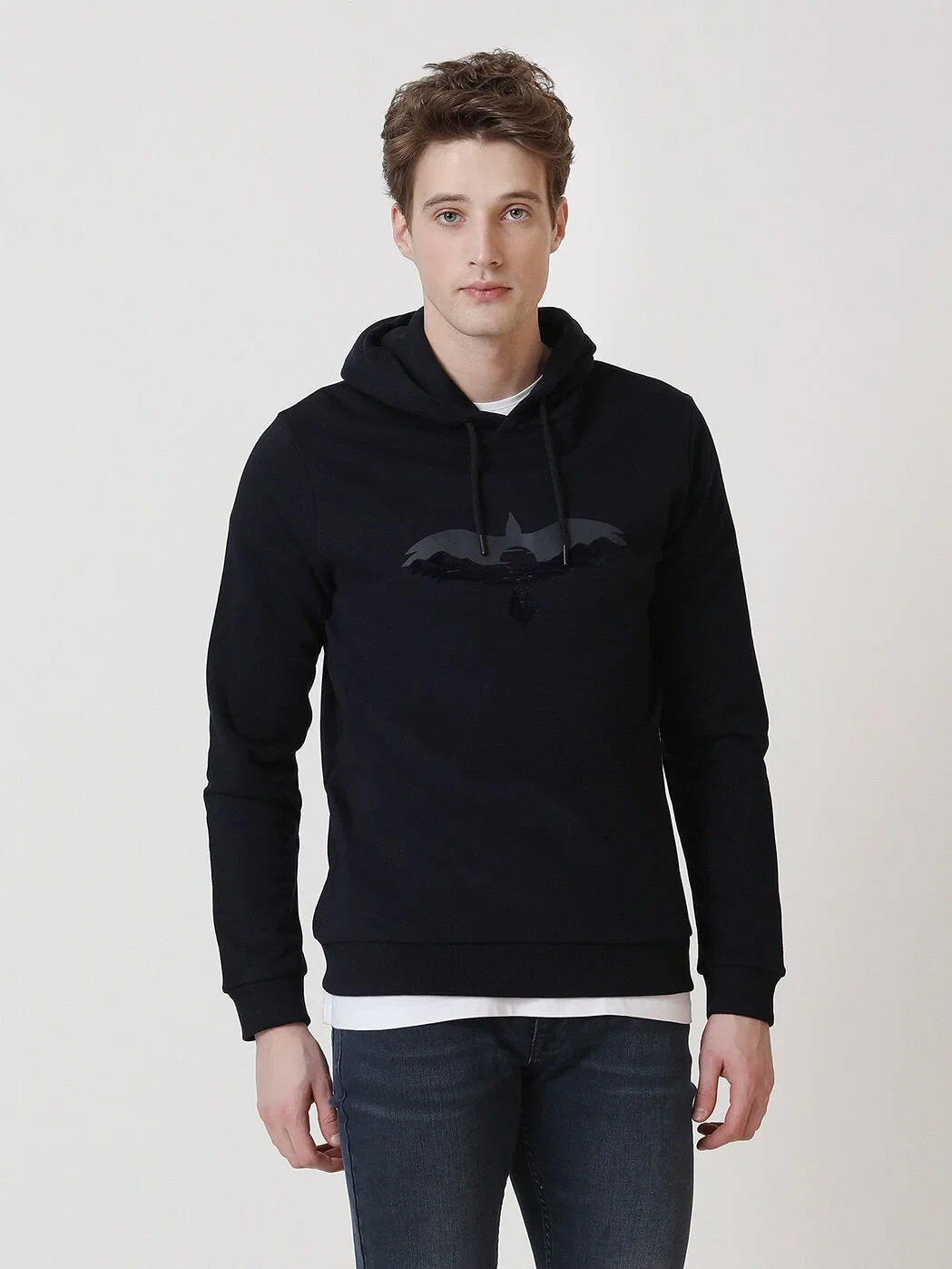 Lacivert Kapüşonlu Baskılı Sweatshırt - 3