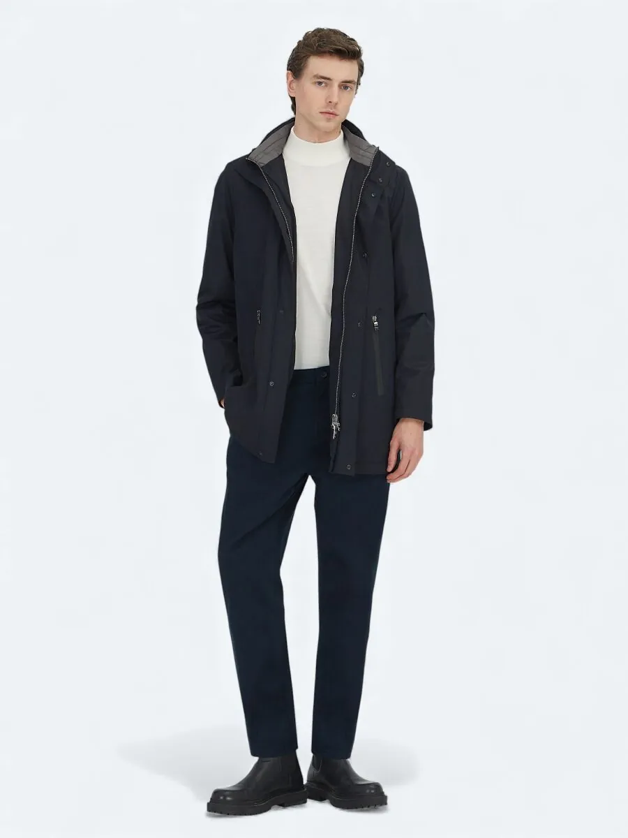 Lacivert Kapüşonlu Casual Dokuma Kaban - 2