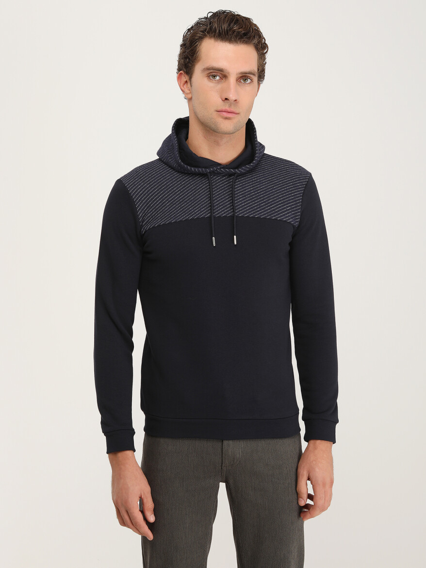 Lacivert Kapüşonlu Desenli Sweatshırt - 2