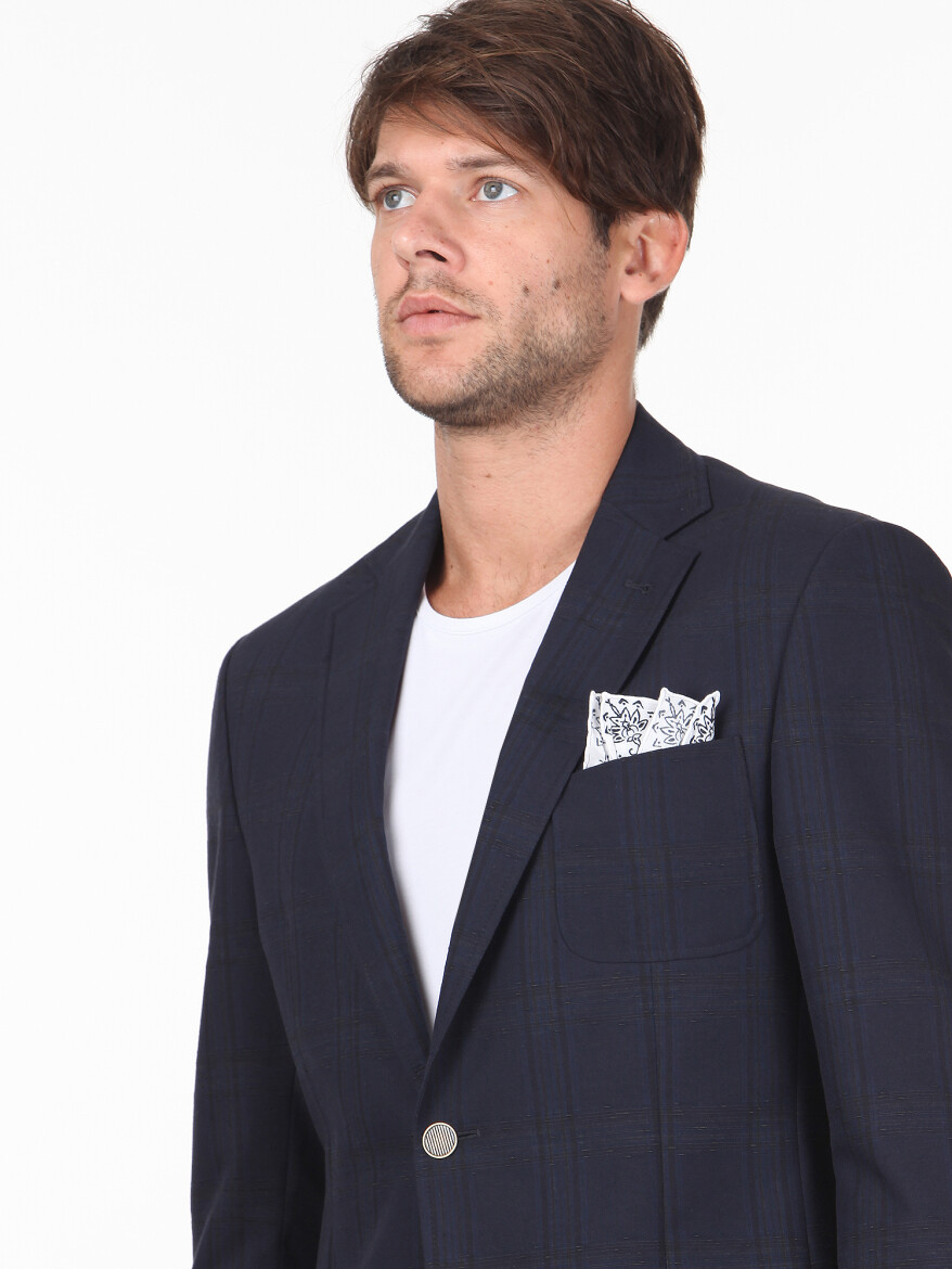 Lacivert Kareli Modern Fit Pamuk Karışımlı Ceket - 2
